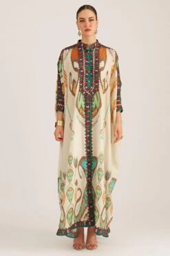 Rajdeep Ranawat Rabia Vanilla Beige Geometric Print Kaftan