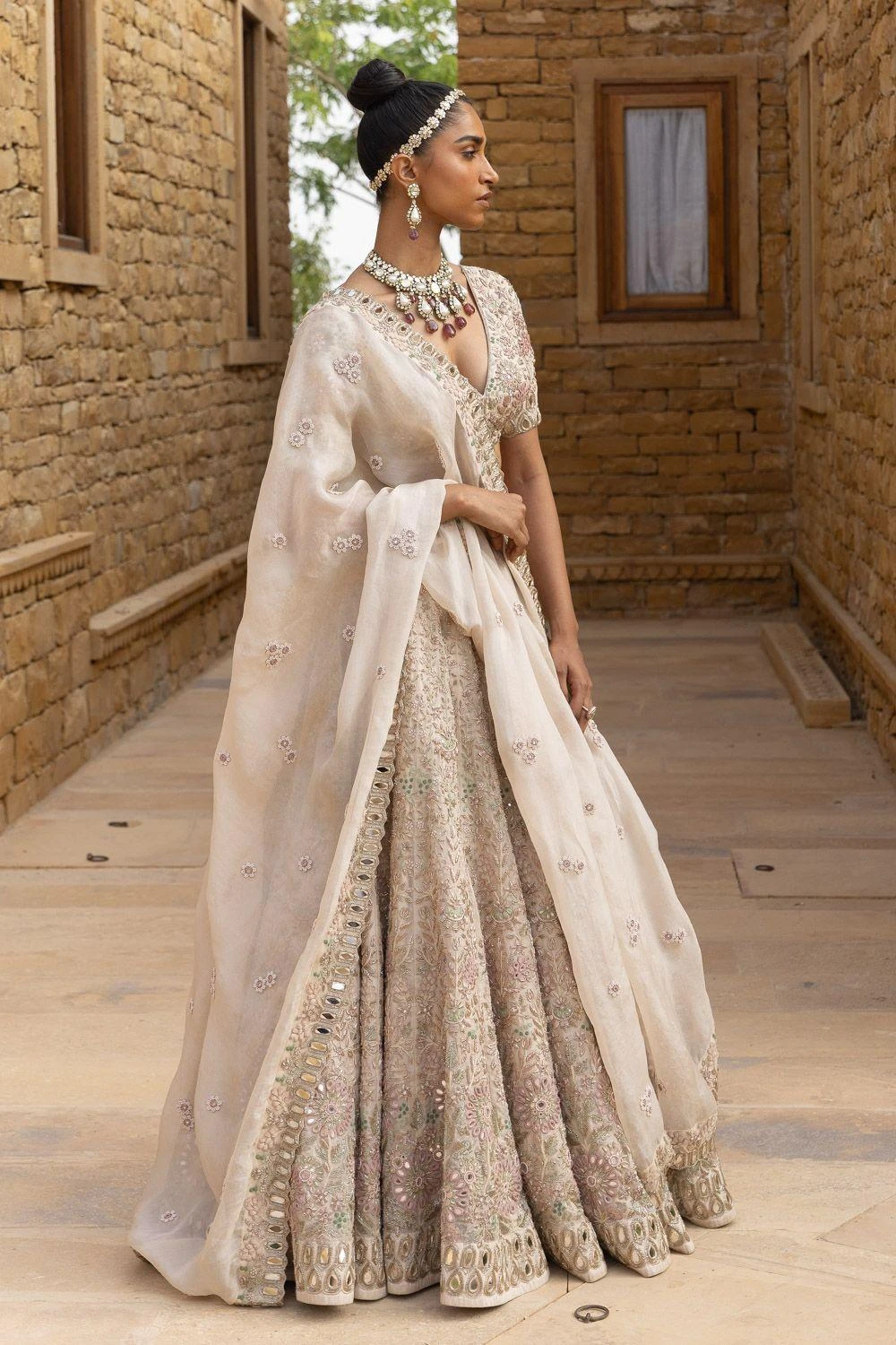 Arpita Mehta Coconut And Gold Hand Embroidered Lehenga Set 3 Arpita Mehta Coconut And Gold Hand Embroidered Lehenga Set - Image 3