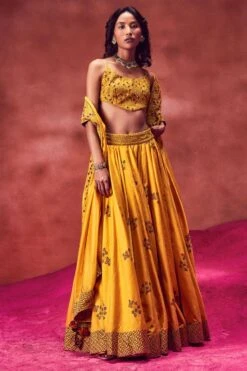 Punit Balana Yellow Hand Block Printed Lehenga Set