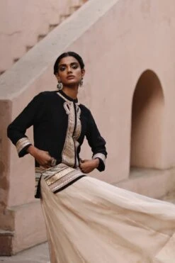 Avacara Black Intricate Dori Work Handloom Jacket Set