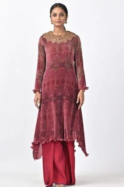 Kiran Uttam Ghosh Red Printed & Pleated Kaftan