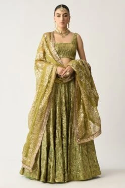 Itrh Green & Gold Reshmi Angoori Lehenga Set