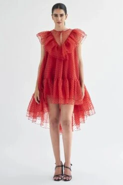 Gauri & Nainika Red Round Neck Tie Up Trapeze Dress