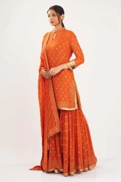 Nakul Sen Organge Chiffon Sharara With Bandhej Sequins Work