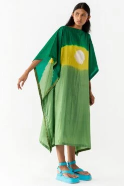 Medium Colour-blocked Green Silk Kaftan -Echo Clohting Shop 105sm27 2