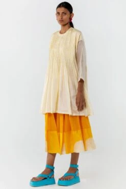 Medium Off-white Hand Woven Silk Pintucked Top