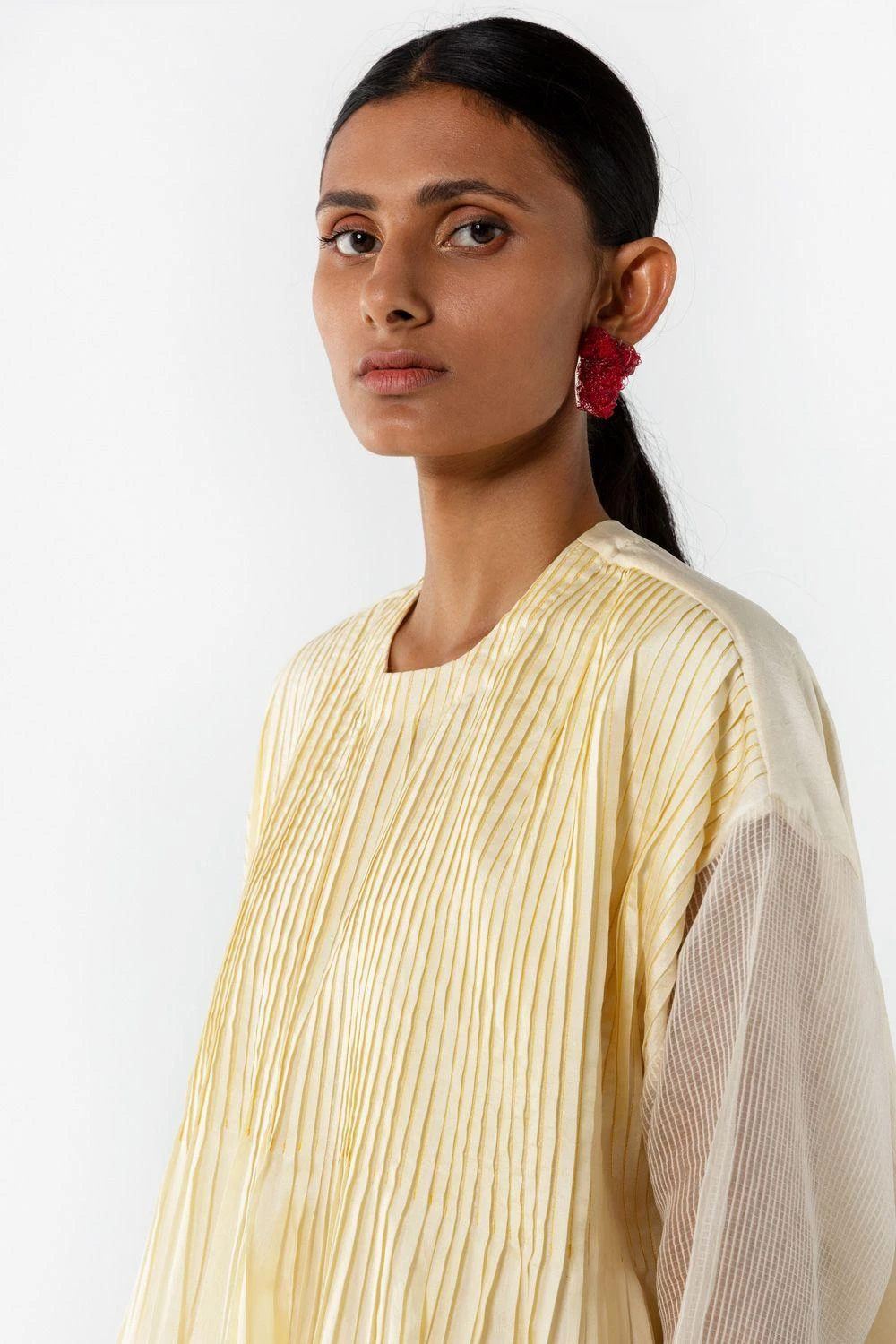 Medium Off-white Hand Woven Silk Pintucked Top 3 Medium Off-white Hand Woven Silk Pintucked Top - Image 3