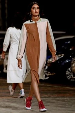 Bodice Colour Blocked Silk Shirt Dress