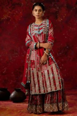 Simar Dugal Red Patchwork & Embellished Sharara Set