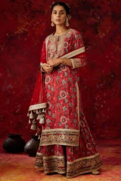 Simar Dugal Coral Red Chintz Printed Sharara Set