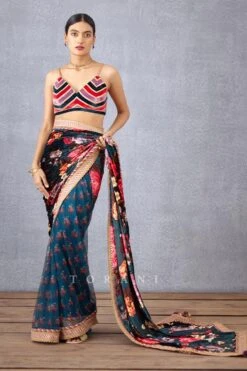 Torani Navy Blue Shabnami Chevron Printed Blouse