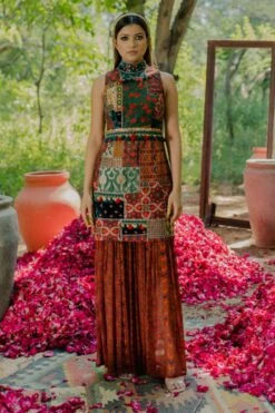 Pooja Keyur Brown Aari Embroidered Patchwork Sharara Set