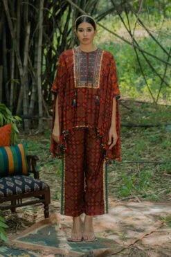 Pooja Keyur Brown Aari Embroidered Kaftan Top & Pants