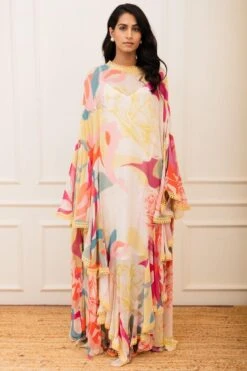Varun Bahl Pret Floral Printed Ruffle Cape Dress