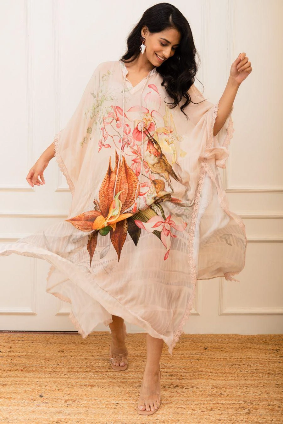 Varun Bahl Pret Pink Botanical Printed Kaftan 2 Varun Bahl Pret Pink Botanical Printed Kaftan - Image 2