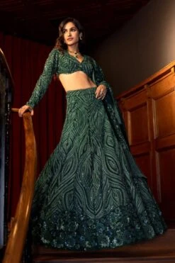 Mishru Forest Green Floral Embroidered Lehenga Set