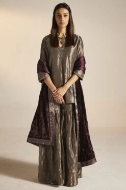 Shorshe Slate Grey Handloom Tissue Gharara Set