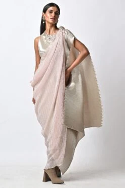Kiran Uttam Ghosh Metallic Silver Hand Embellished Pleated Kaftan