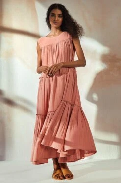 Khara Kapas Rust Pink Tiered Dress