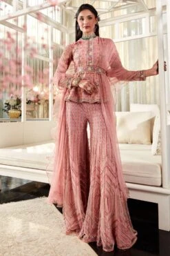 Ridhi Mehra Onion Pink Floral Embroidered Peplum & Gharara Set