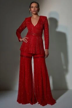 Ritika Mirchandani Red Geometric Embroidered Sharara Set