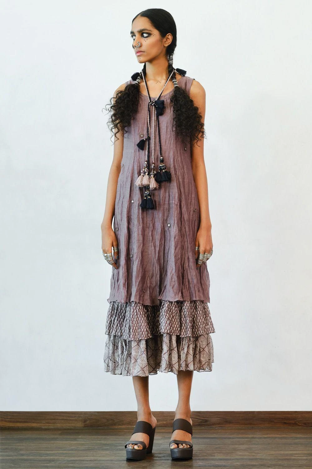 Myoho Tiered Chanderi Dress With Mirrorwork 1 Myoho Tiered Chanderi Dress With Mirrorwork