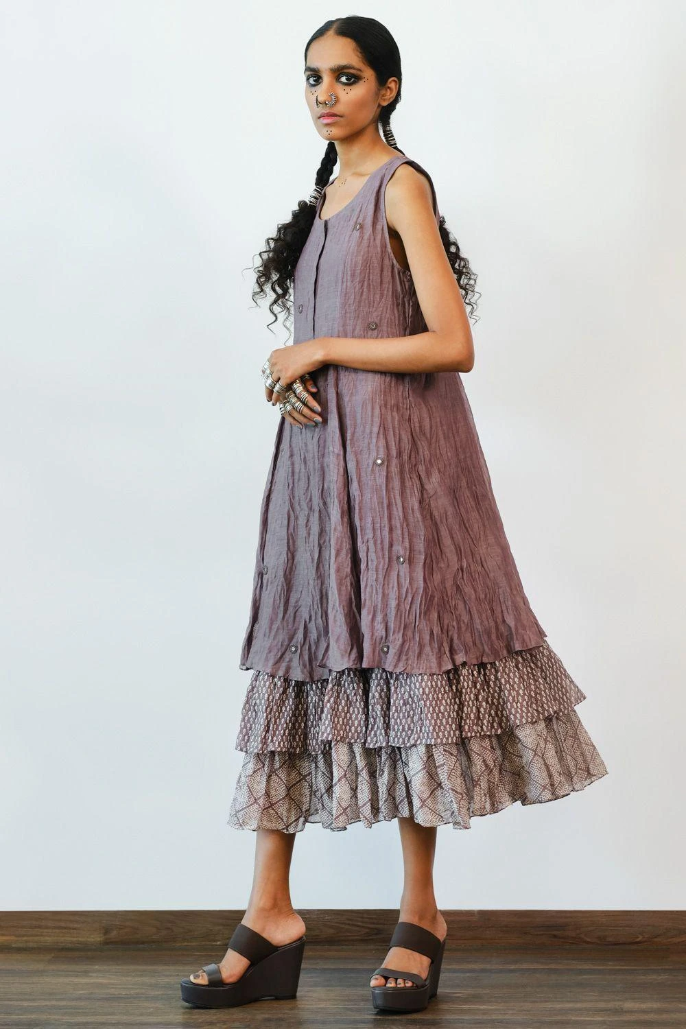 Myoho Tiered Chanderi Dress With Mirrorwork 2 Myoho Tiered Chanderi Dress With Mirrorwork - Image 2