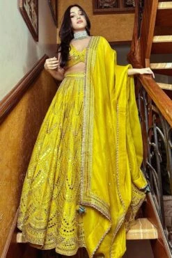 Archana Jaju Mustard Kalamkari & Mirror Work Lehenga Set