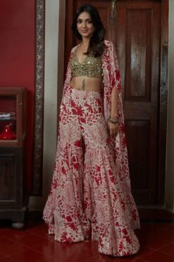 Arpita Mehta Red & White Printed Sharara With Bustier & Cape