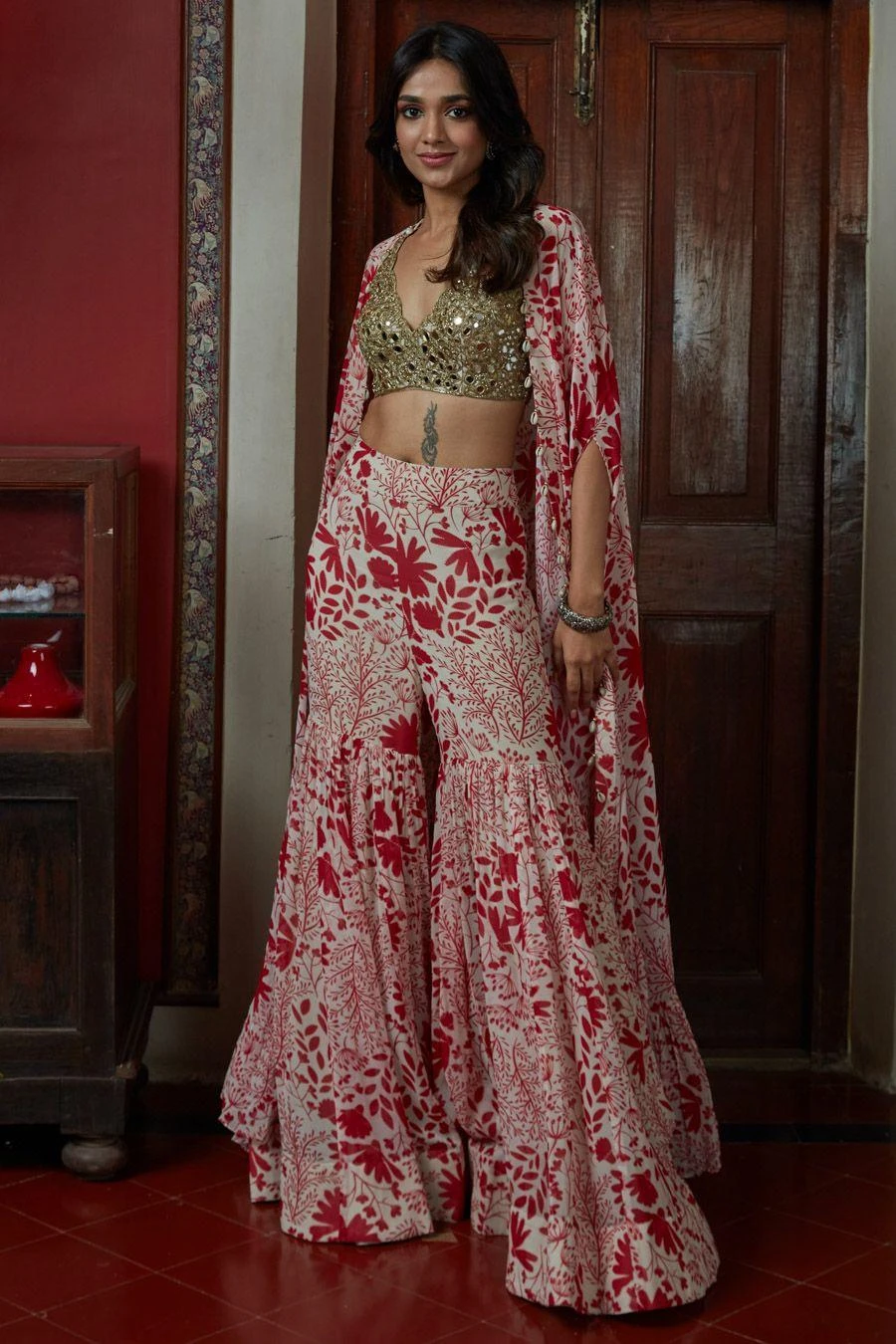 Arpita Mehta Red & White Printed Sharara With Bustier & Cape 1 Arpita Mehta Red & White Printed Sharara With Bustier & Cape