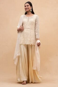 Ahilian Beige Crystal Embellished Sharara Set
