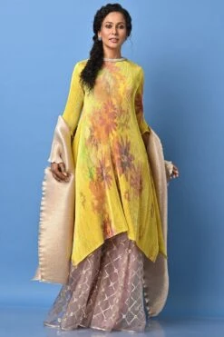 Kiran Uttam Ghosh Yellow Sepia Print Pleated Kurta