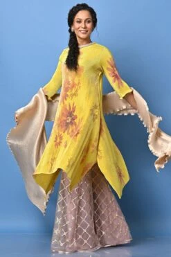 Kiran Uttam Ghosh Yellow Sepia Print Pleated Kurta -Echo Clohting Shop 157kug3 3
