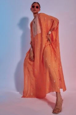 SVA Orange Embellished Silk Kaftan