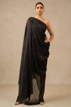 Tarun Tahiliani Black Hand Embroidered One Shoulder Dress