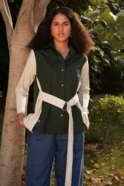 Ode To Odd Green Asymmetric Colour Block Shirt -Echo Clohting Shop 1701od38 3