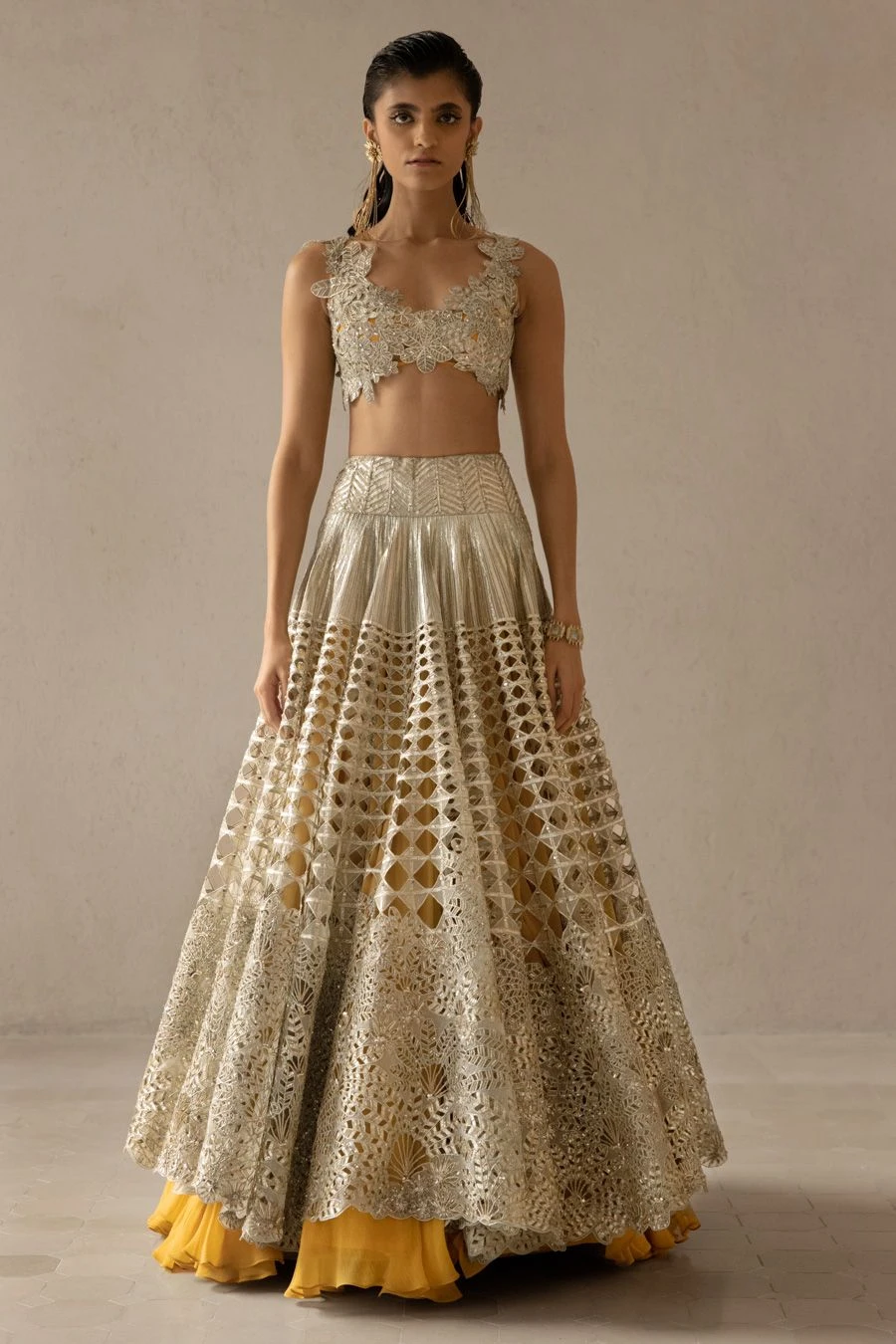 Varun Nidhika Beige 3-D Floral Embroidered Lehenga Set 3 Varun Nidhika Beige 3-D Floral Embroidered Lehenga Set - Image 3