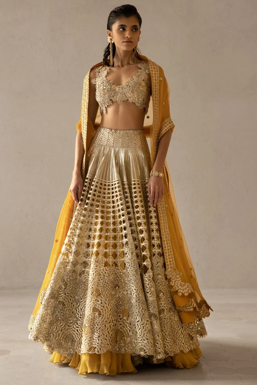 Varun Nidhika Beige 3-D Floral Embroidered Lehenga Set 1 Varun Nidhika Beige 3-D Floral Embroidered Lehenga Set