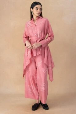 Divyam Mehta Pink Bandhani Asymmetric Shirt & Belt Set