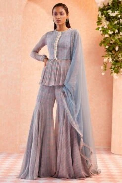 Ridhi Mehra Ice Blue Ikat Printed Peplum & Sharara Set