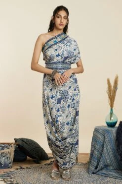 SVA Safar Blue Jaal Print One-Shoulder Cowl Dress