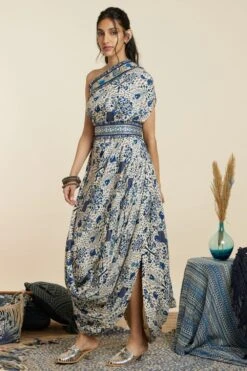 SVA Safar Blue Jaal Print One-Shoulder Cowl Dress -Echo Clohting Shop 181123sva89 3