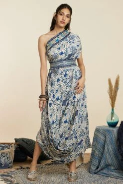 SVA Safar Blue Jaal Print One-Shoulder Cowl Dress -Echo Clohting Shop 181123sva89 4