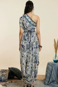 SVA Safar Blue Jaal Print One-Shoulder Cowl Dress -Echo Clohting Shop 181123sva89 7