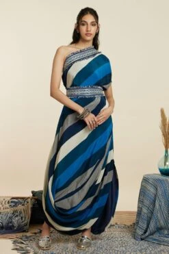 New Products 21 SVA Blue-Hued Stripe Print One-Shoulder Cowl Dress