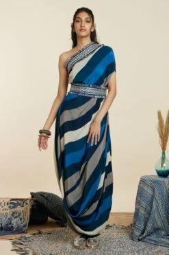 SVA Blue-Hued Stripe Print One-Shoulder Cowl Dress -Echo Clohting Shop 181123sva90 5