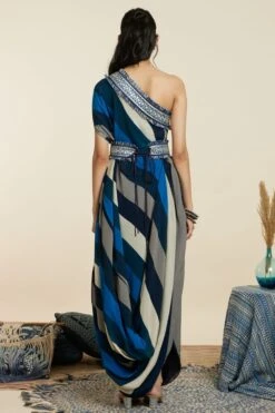 SVA Blue-Hued Stripe Print One-Shoulder Cowl Dress -Echo Clohting Shop 181123sva90 7