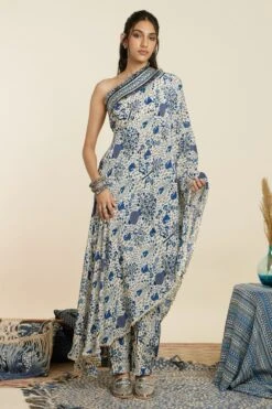 SVA Safar Blue Jaal Print One-Shoulder Sari Pant Set