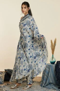 SVA Safar Blue Jaal Print One-Shoulder Sari Pant Set -Echo Clohting Shop 181123sva91 3