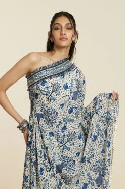 SVA Safar Blue Jaal Print One-Shoulder Sari Pant Set -Echo Clohting Shop 181123sva91 5